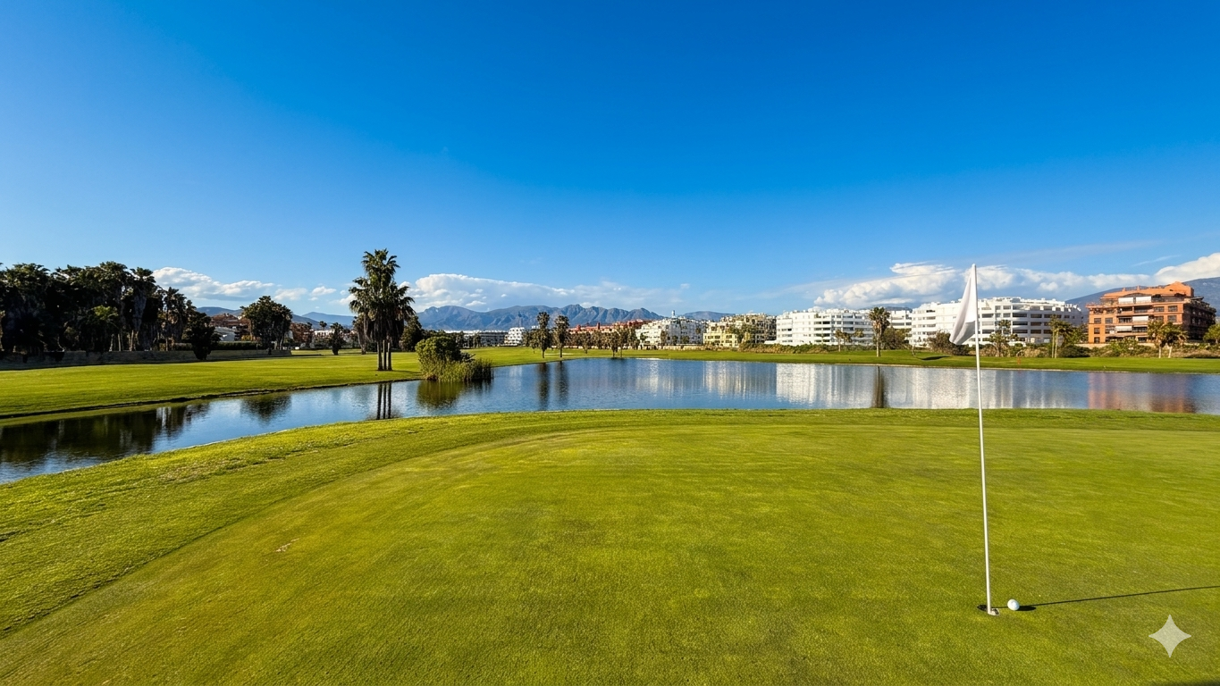 Golfplatz am Mittelmeer mit Palmen und Sierra im Hintergrund